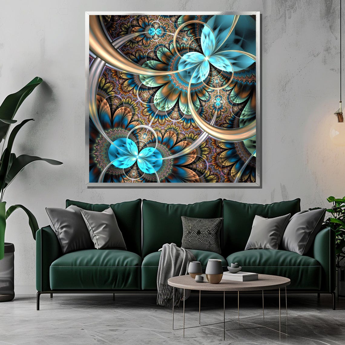 Glowing Turquoise and Amber Fractal Flower Abstract Art Poster - Image 3