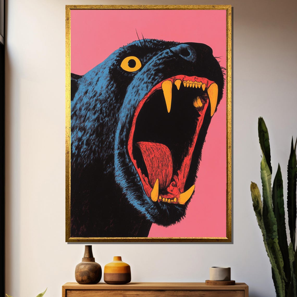 Roaring Black Panther Pop Art On Bold Pink Background Vibrant Poster