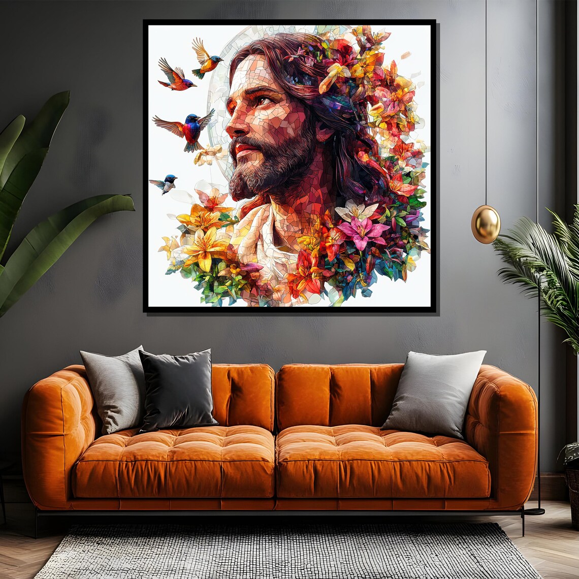 Colorful Stained Glass Jesus Portrait With Flowers and Birds Poster - Image 4
