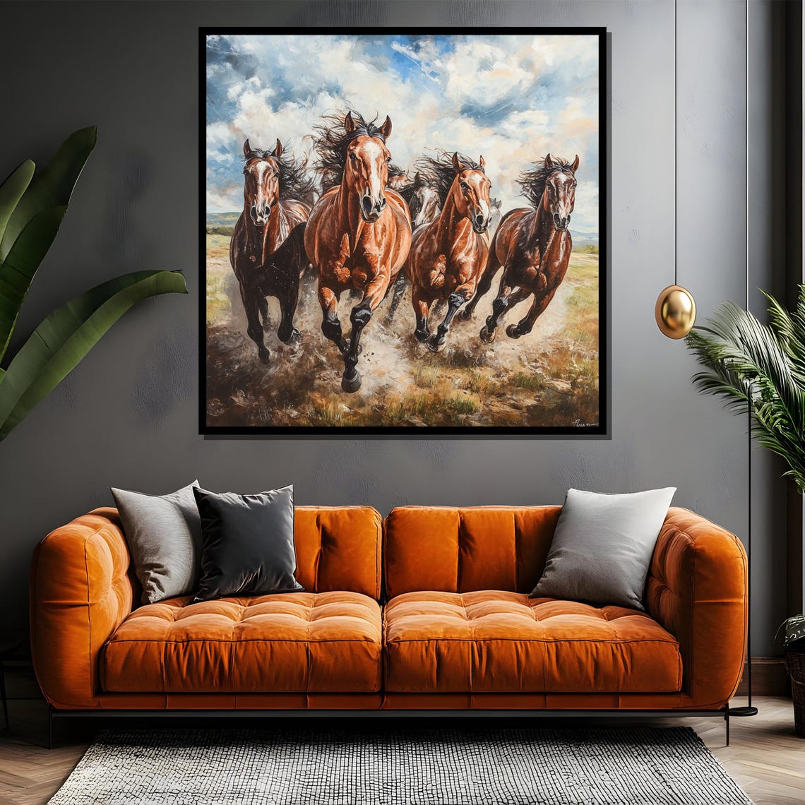 Galloping Chestnut Horses Charging Across Open Prairie Painting Poster - Image 4