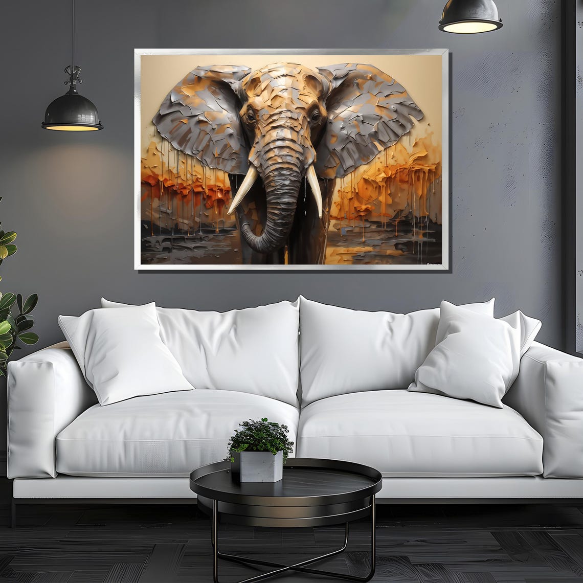 Textured 3D Elephant Head In Gray And Gold High Relief Style Poster - Image 3