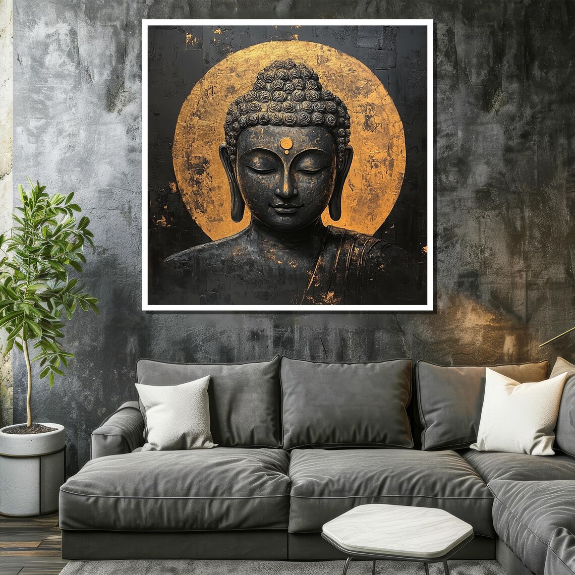 Serene Black and Gold Buddha with Radiant Golden Halo Poster - Image 2