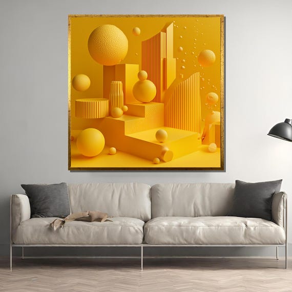 Abstract Geometric Yellow Painting Modern Wall Art Minimalist Monochrome Decor Futuristic Design Artwork Unique Gift