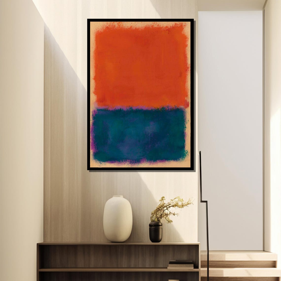 Vivid Orange Red Floating Over Deep Teal Abstract Color Field Poster - Image 4