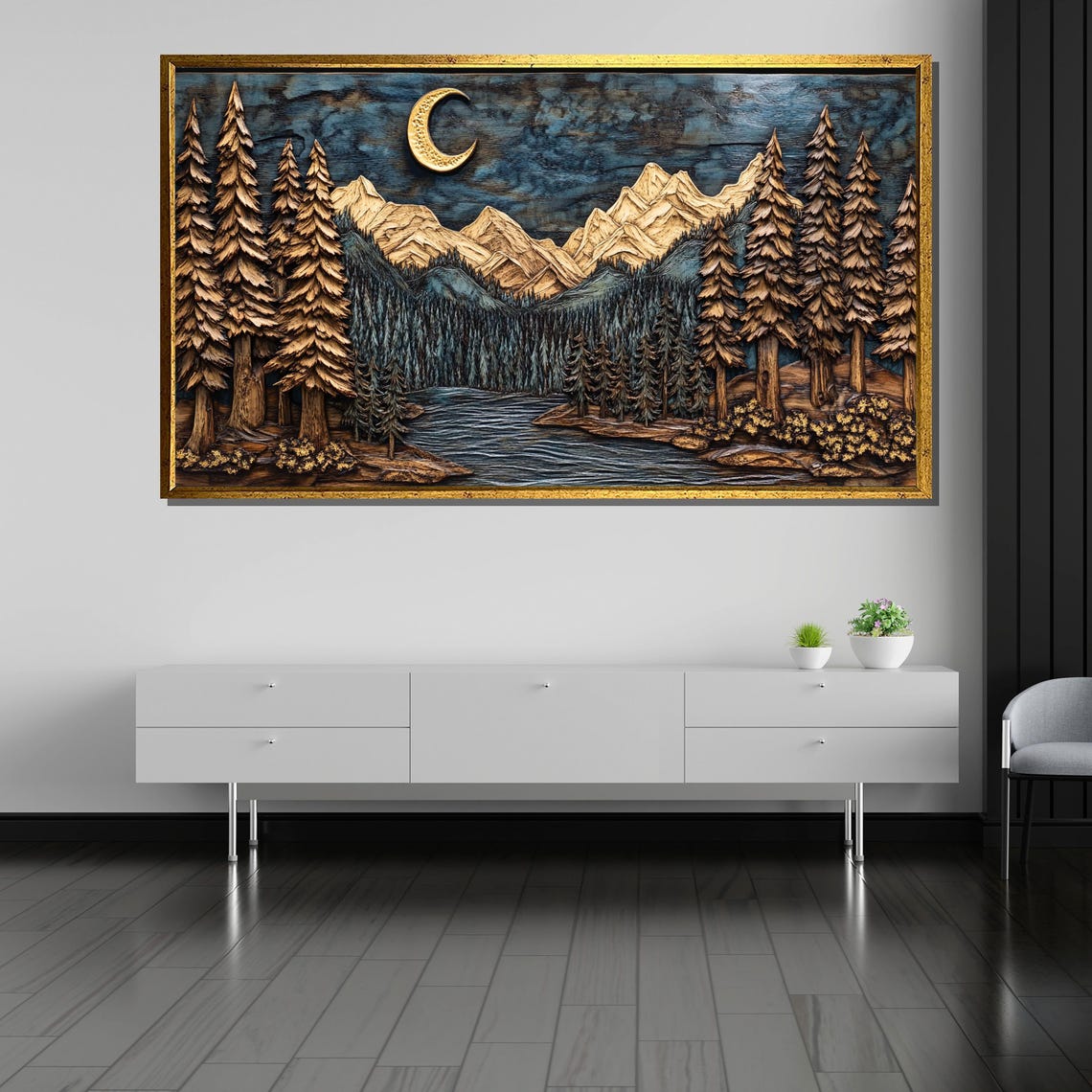 Moonlit Forest Wood Carving Rustic Nighttime Mountain Art Gift For Nature Enthusiasts - Image 5
