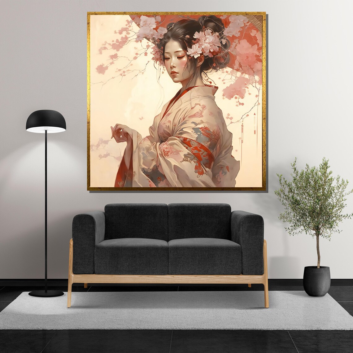 Serene Geisha in Cherry Blossom Kimono Soft Floral Art Poster - Image 5