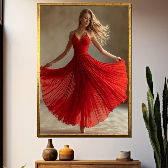 Blonde Woman Twirling Joyfully In A Flowing Red Dress Poster