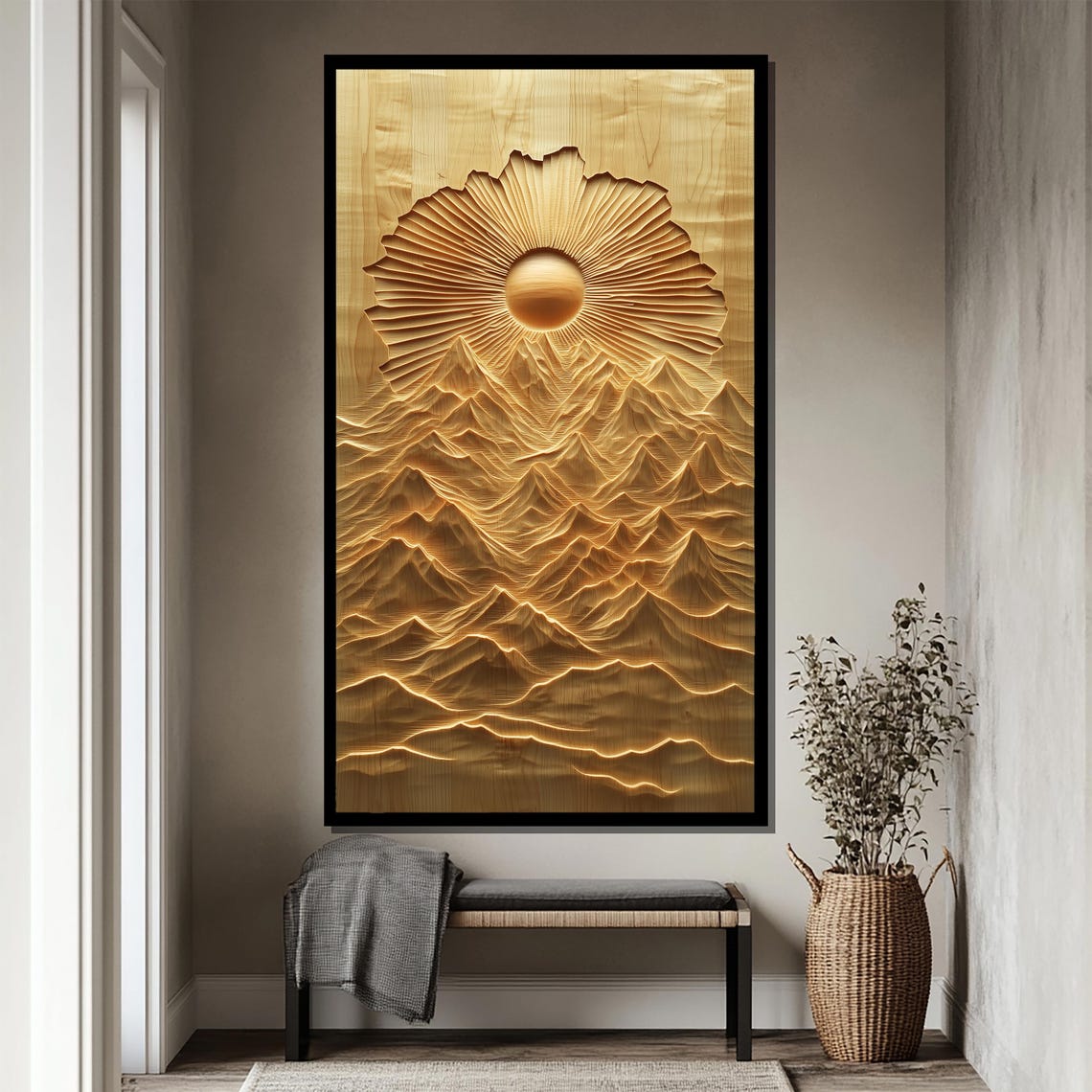 Golden Sunrise Carved Wood Intricate Mountain Bas Relief Art Gift For Elegant Home Decor - Image 4