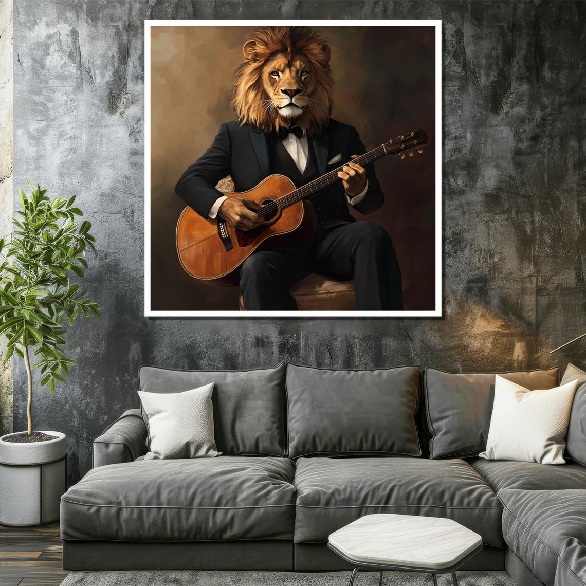 Dapper Lion in Tuxedo Playing Acoustic Guitar Gentleman Poster - Image 2