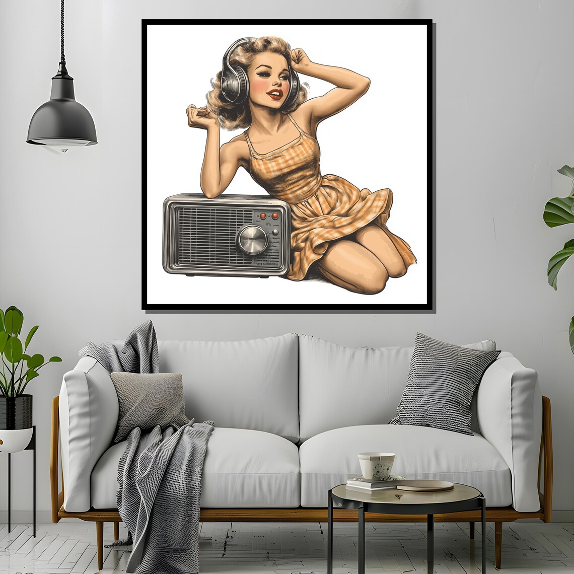 Retro Radio Girl Painting 1950s Vintage Music Art Pin Up Style Wall Decor Midcentury Gift For Music Lovers - Image 4