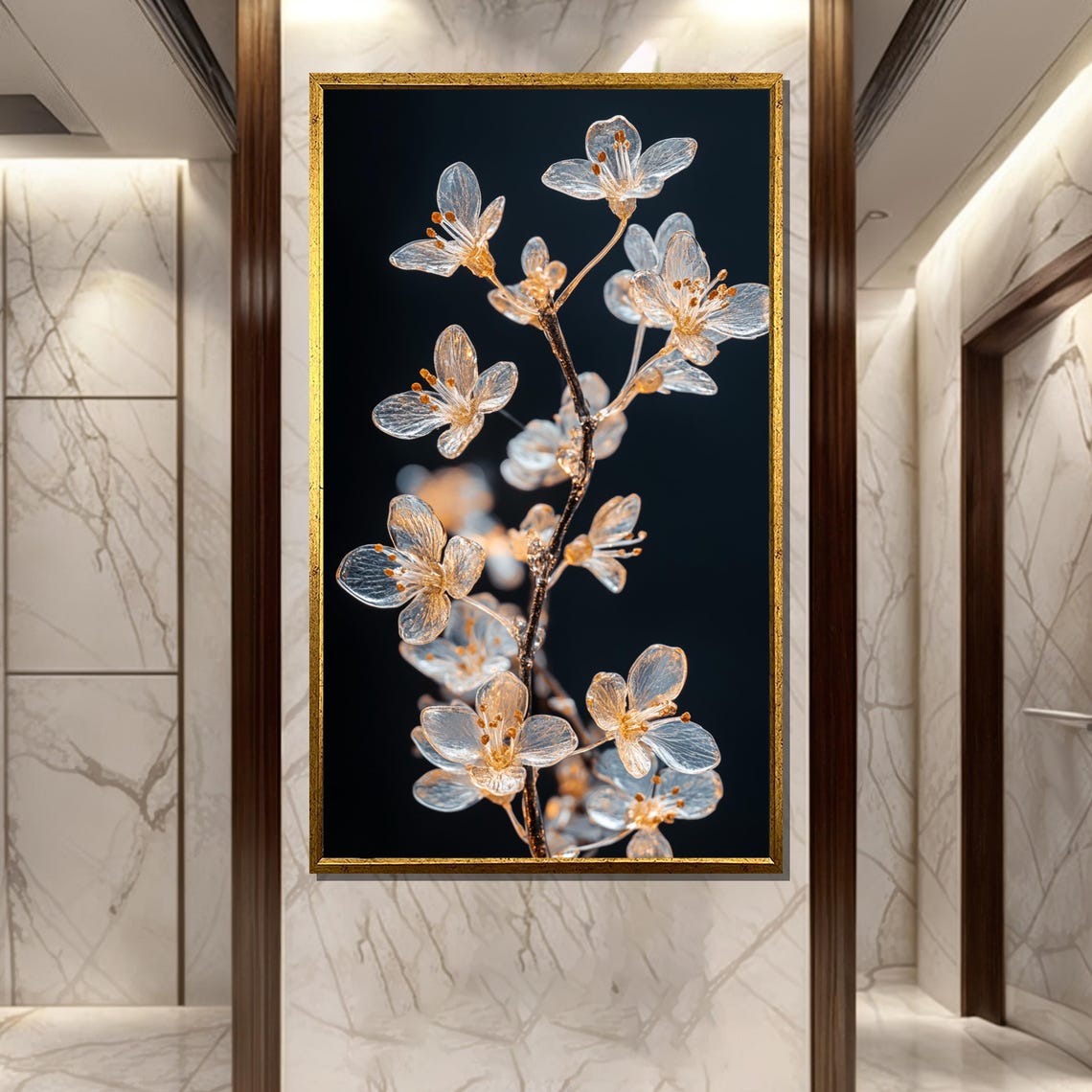 Frosted Glass Blossom Branch Glowing on Black Background Poster