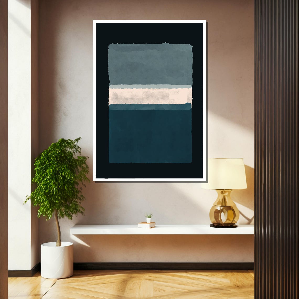 Calming Teal And Gray Watercolor Blocks On Black Abstract Poster - Image 2