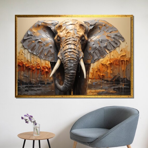 Textured 3D Elephant Head In Gray And Gold High Relief Style Poster