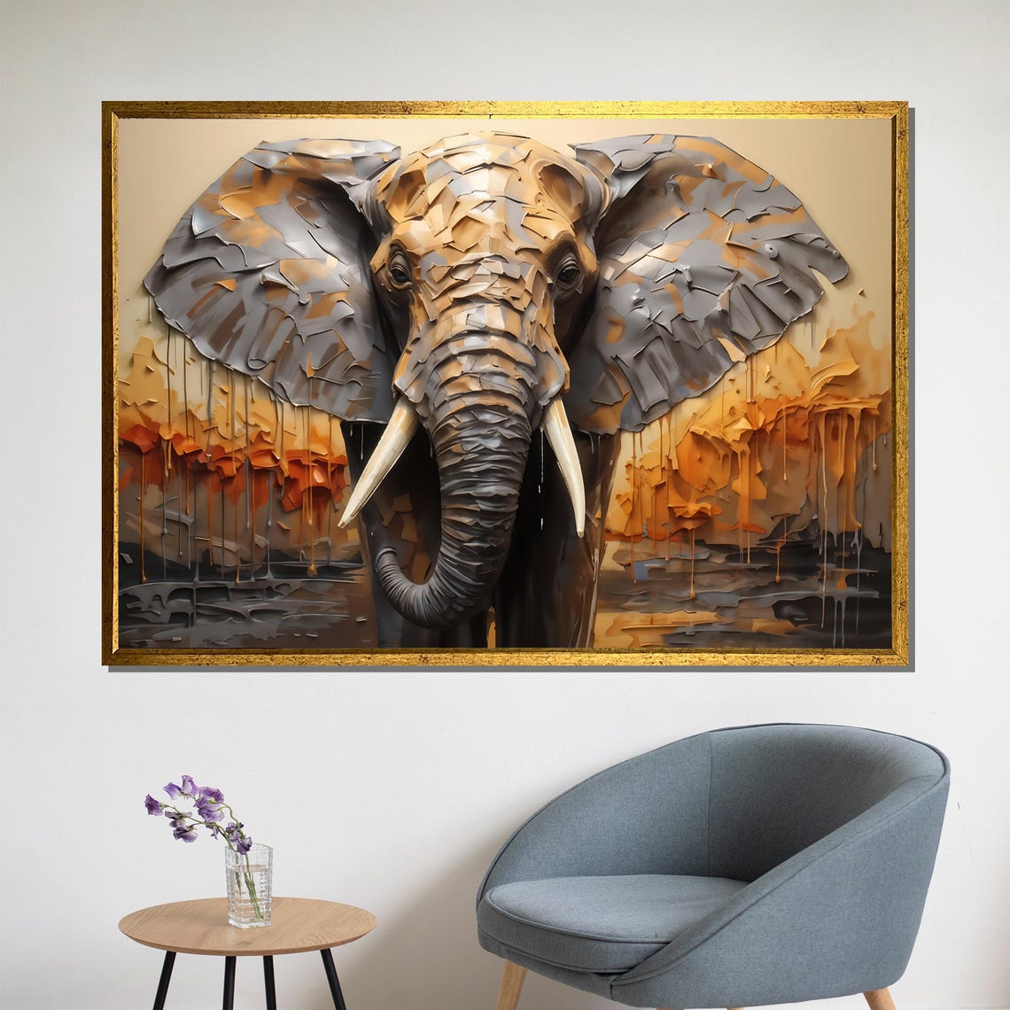 Textured 3D Elephant Head In Gray And Gold High Relief Style Poster