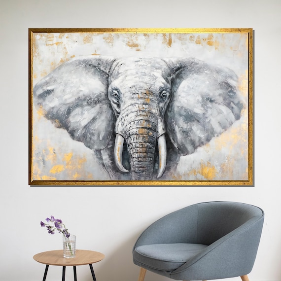 Gray Elephant Face With Gold Leaf Accents Elegant Wildlife Art Poster