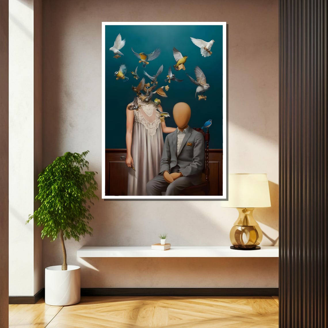 Surreal Faceless Couple with Birds Flying from Her Mind Poster - Image 2