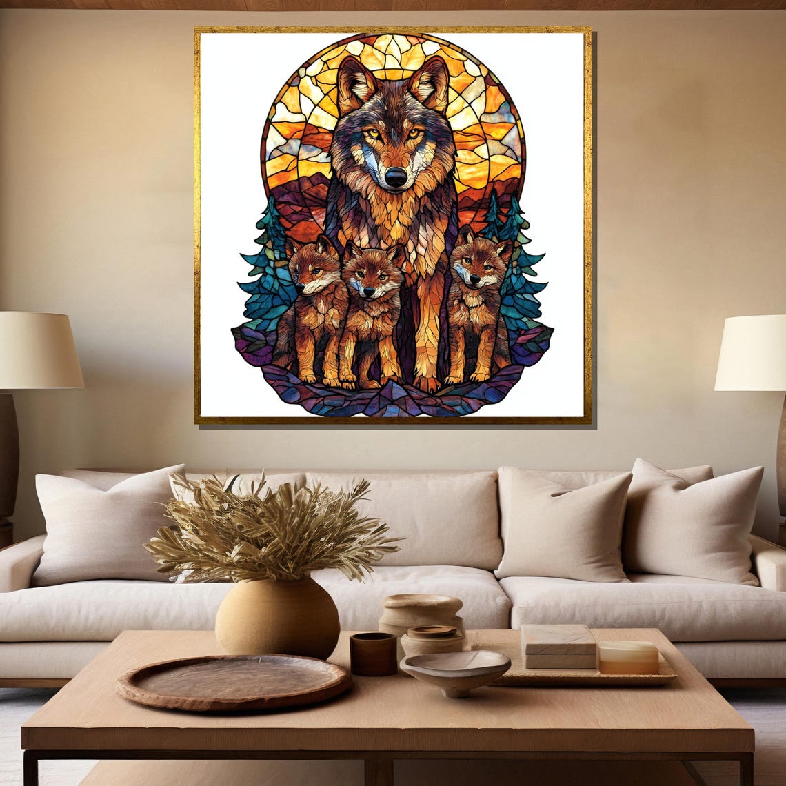 Stained Glass Wolf Mother with Three Pups at Sunset Art Poster - Image 5