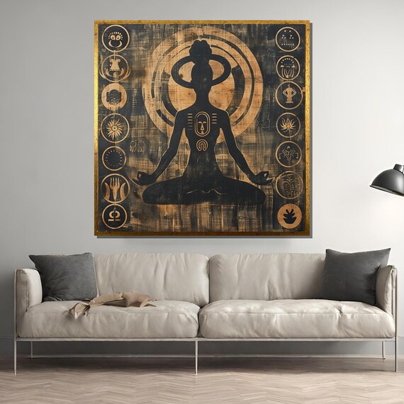Golden Tribal Meditation Silhouette with Adinkra Symbols Poster