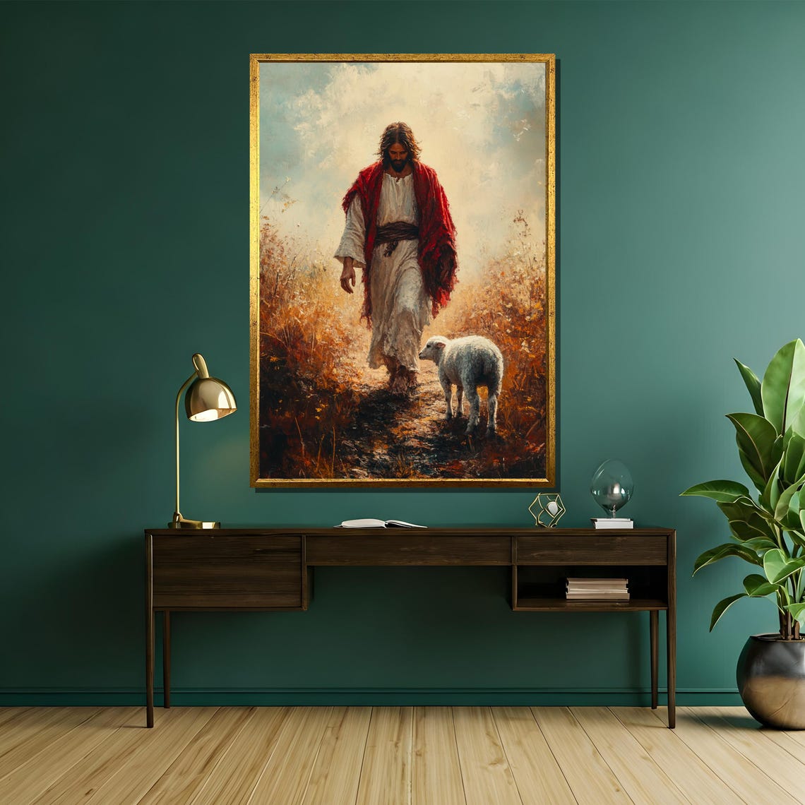 Jesus and His Lamb Walking Through Golden Autumn Field Poster - Image 5