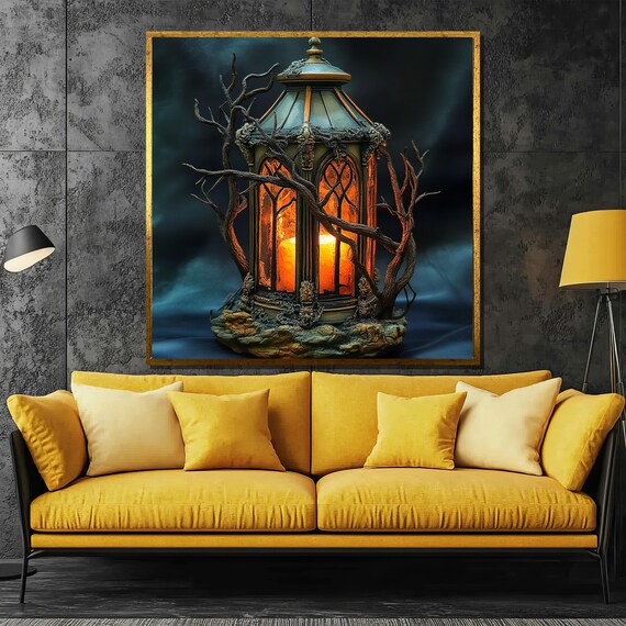 Gothic Glowing Lantern Wrapped in Bare Branches Dark Teal Night Poster