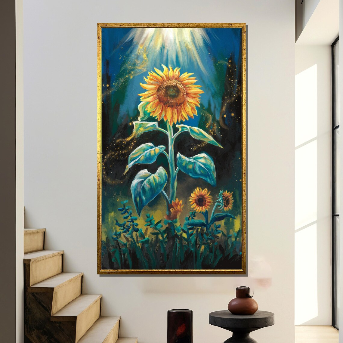 Radiant Sunflower Bathed in Golden Light Against Night Sky Poster