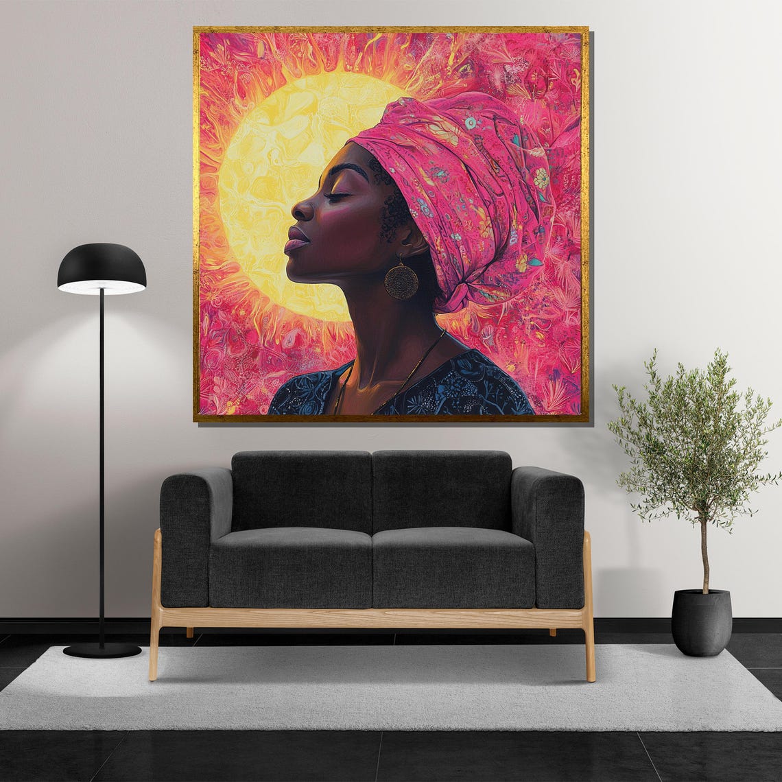 Radiant African Woman in Pink Headwrap Before Golden Sun Poster - Image 5
