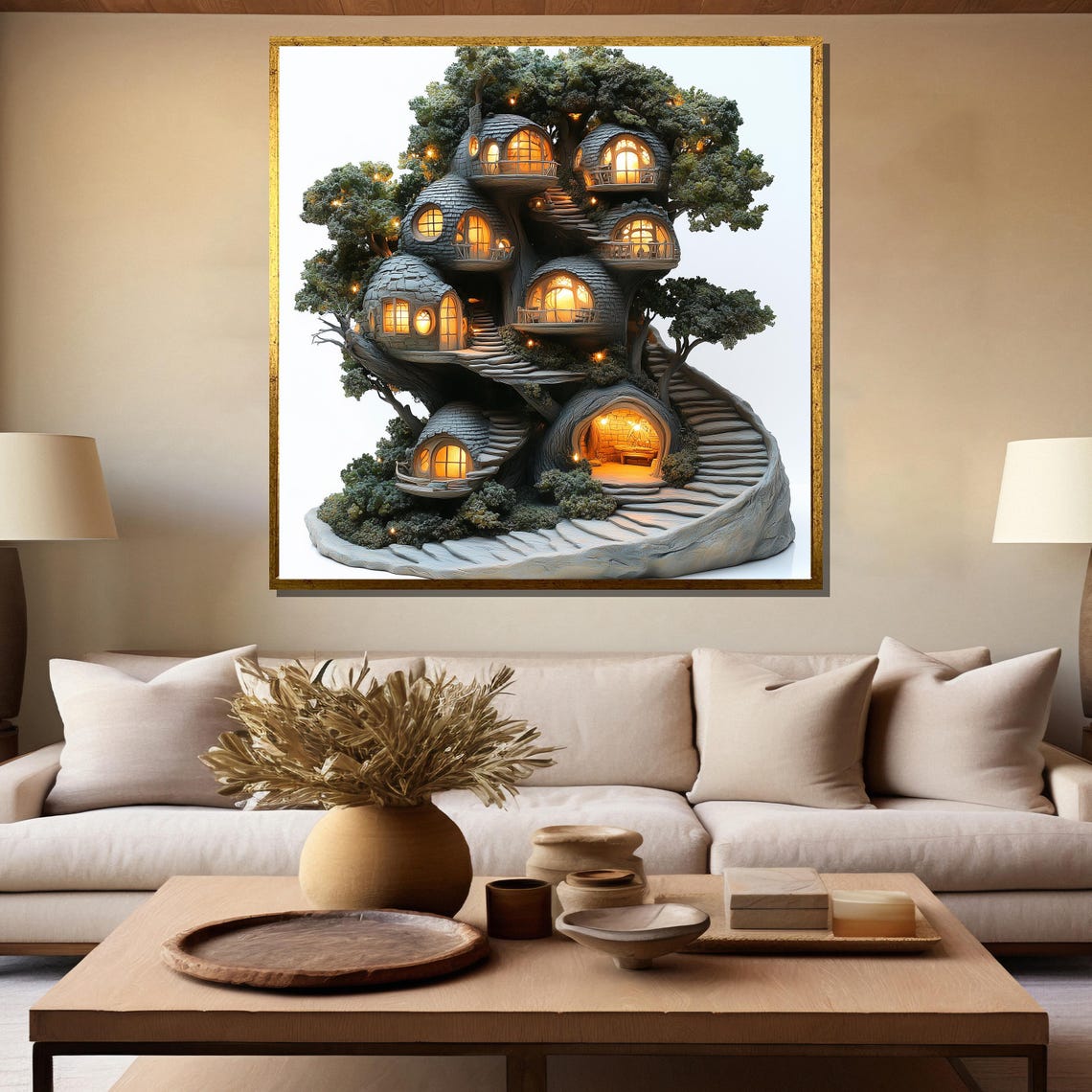 Magical Glowing Treehouse Village Enchanted Fantasy Art Poster - Image 5