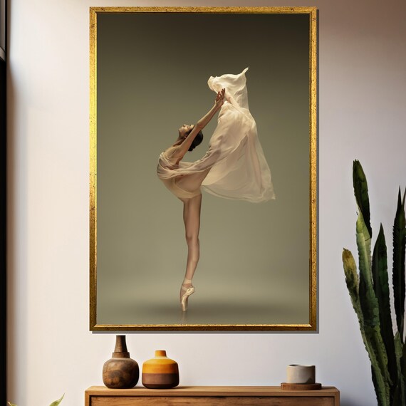 Ballerina On Pointe In White Flowing Fabric Studio Shot Poster
