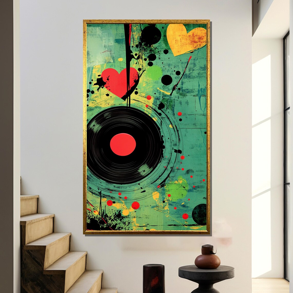 Vinyl Record with Hearts in Teal Street Art for Music Lovers Poster