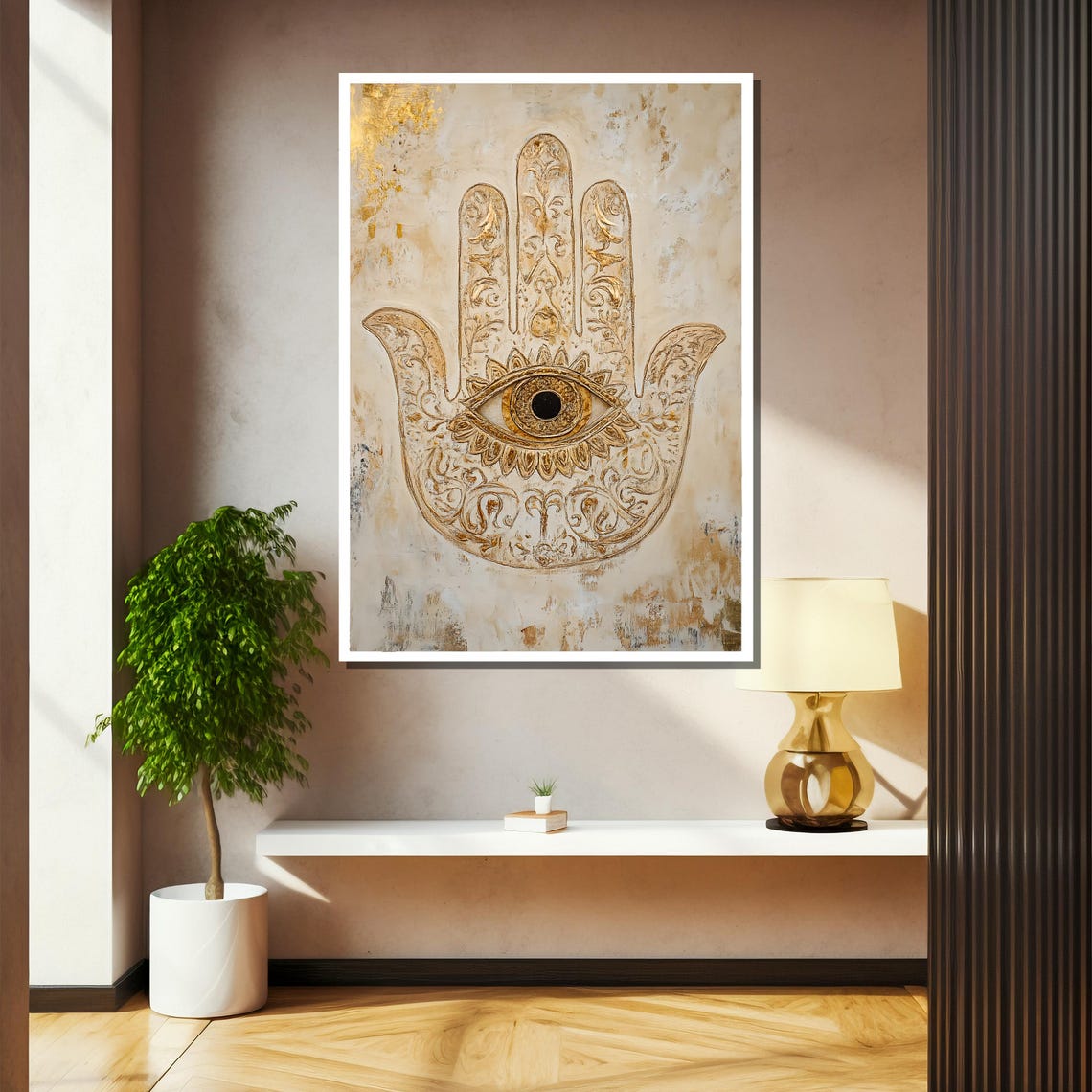 Golden Hamsa Hand With Evil Eye Spiritual Protection Art Poster - Image 2
