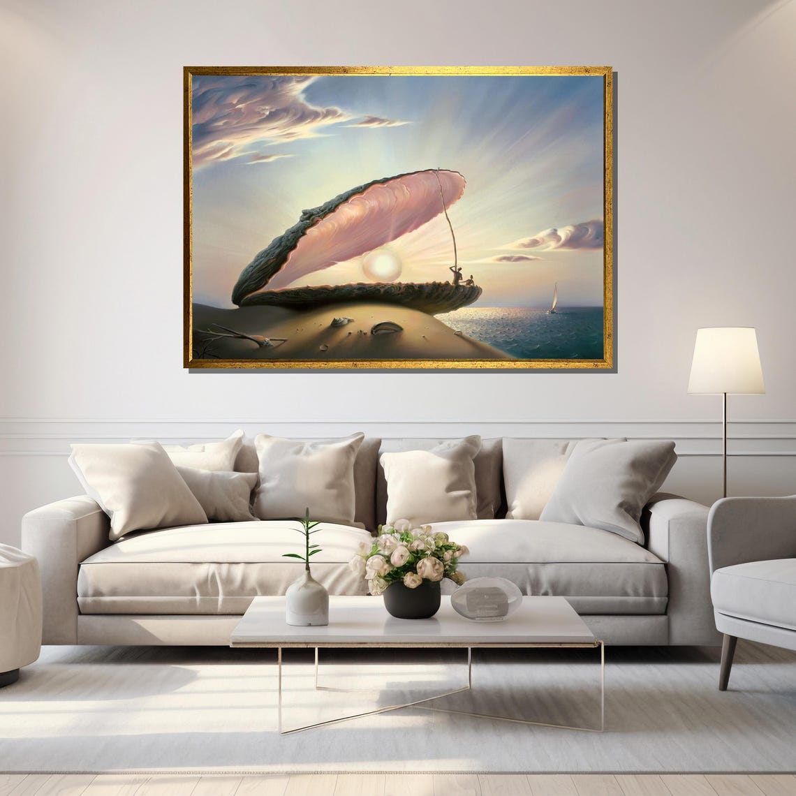 Surreal Giant Seashell with Pearl Sun on a Sunset Beach Poster - Image 5