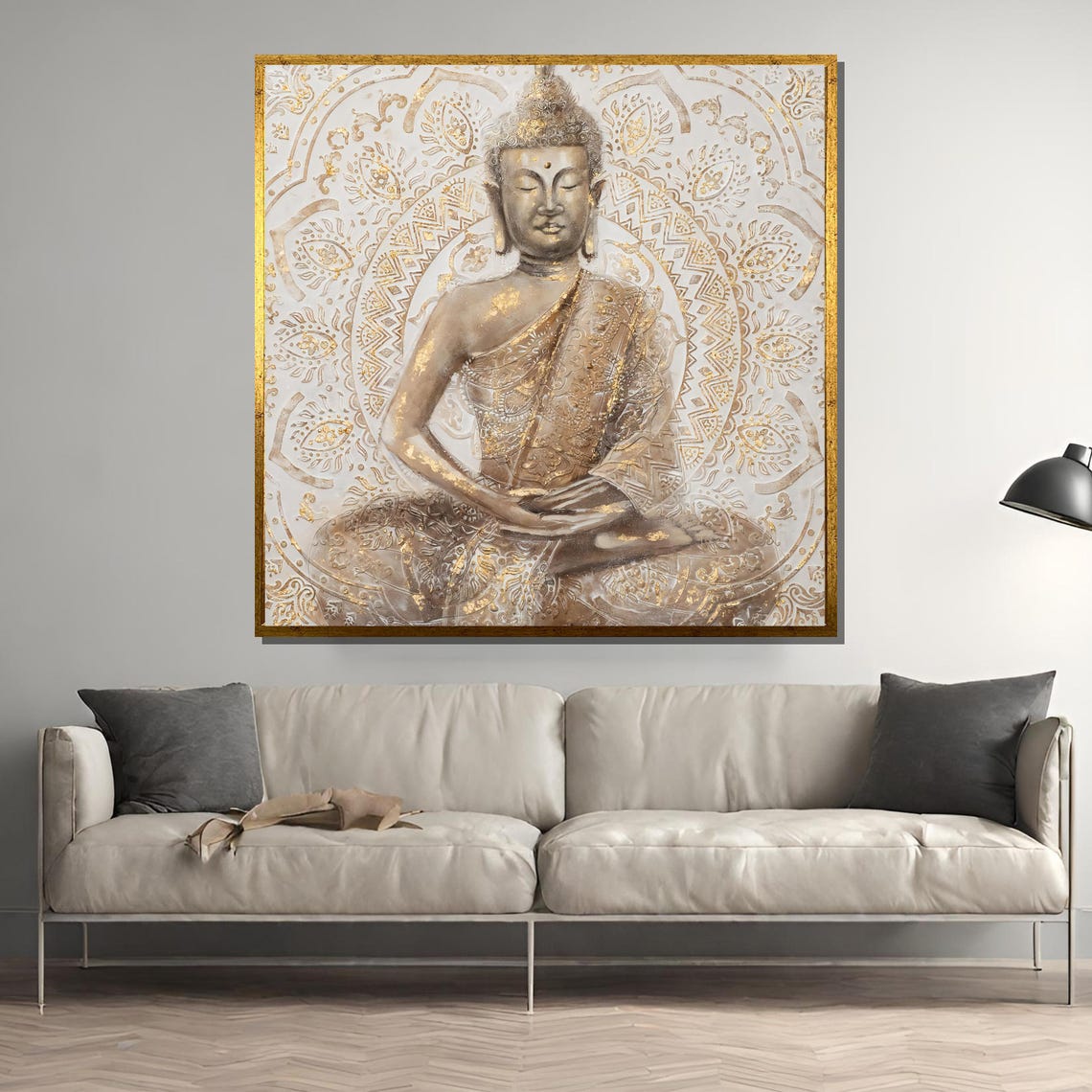 Serene Golden Buddha Meditating Before Mandala Zen Wall Poster