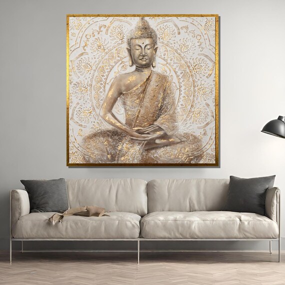 Serene Golden Buddha Meditating Before Mandala Zen Wall Poster