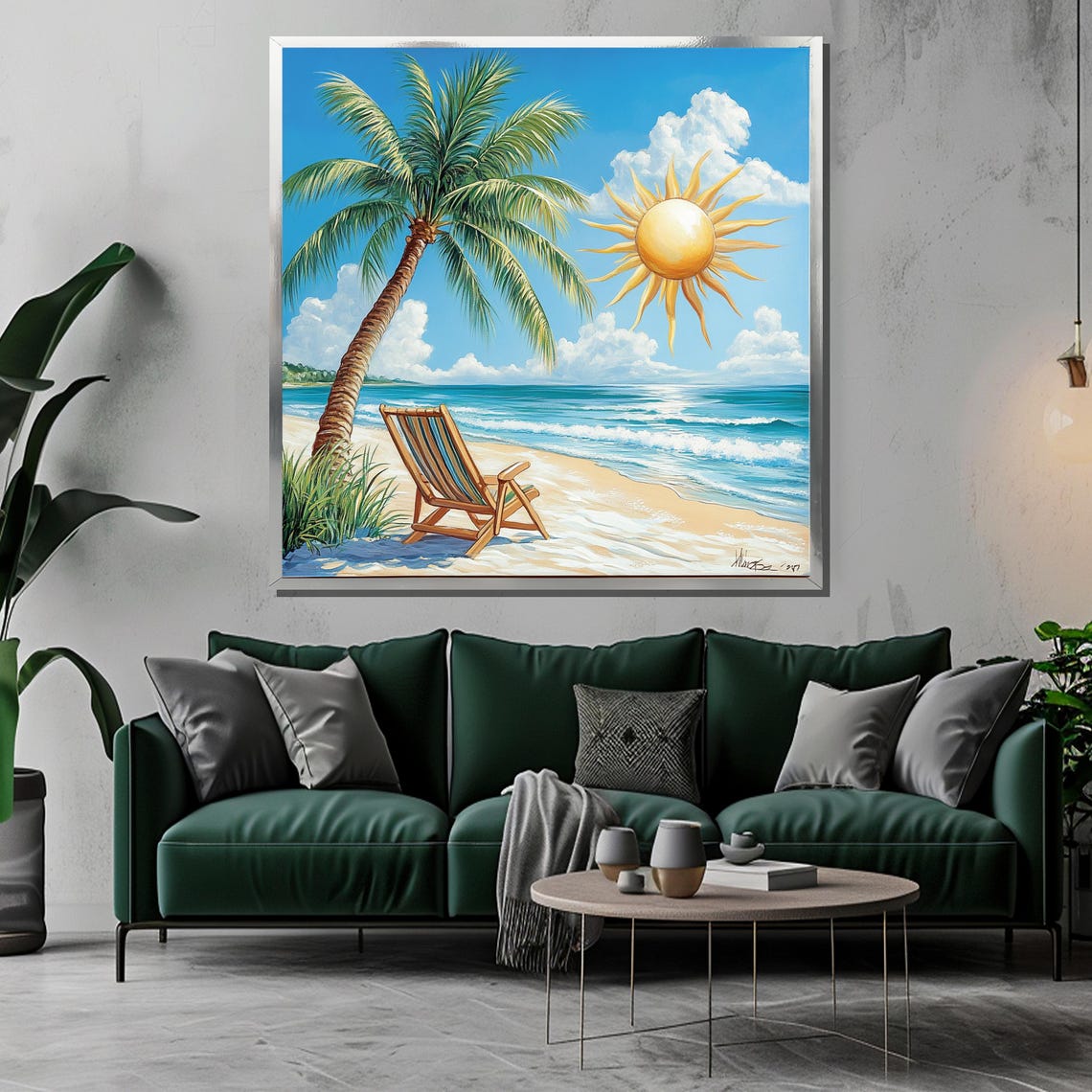 Sunny Tropical Beach with Palm Tree Chair and Bright Sun Poster - Image 3