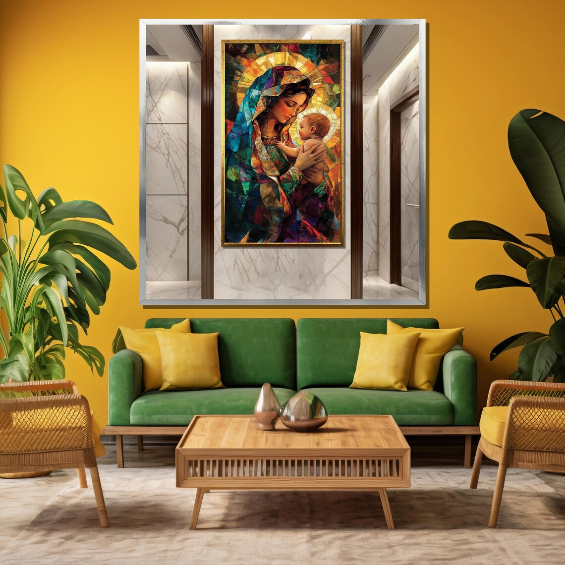 Colorful Stained Glass Madonna and Child Tender Devotional Poster - Image 3
