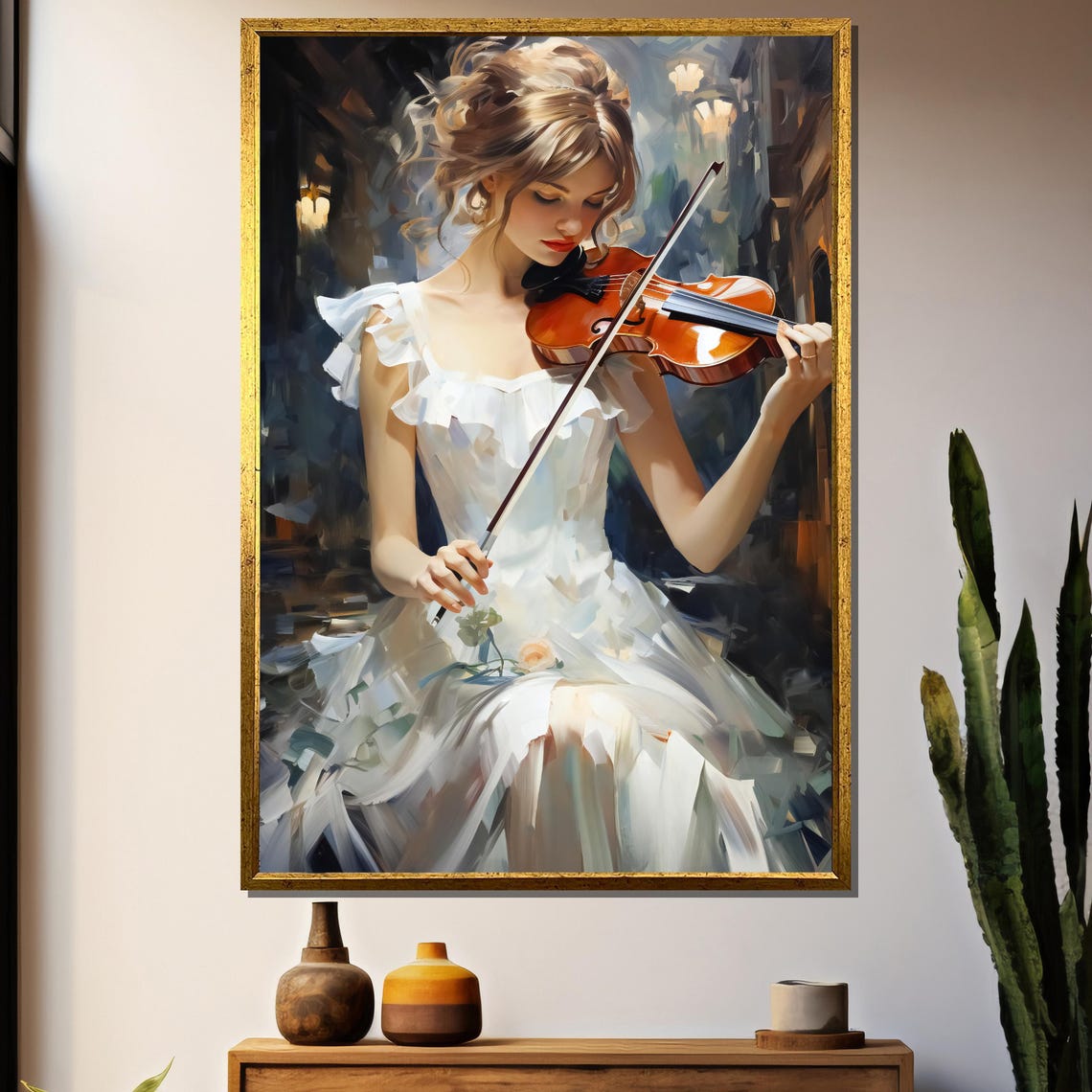 Woman In Flowing White Gown Playing Violin Oil Painting Poster
