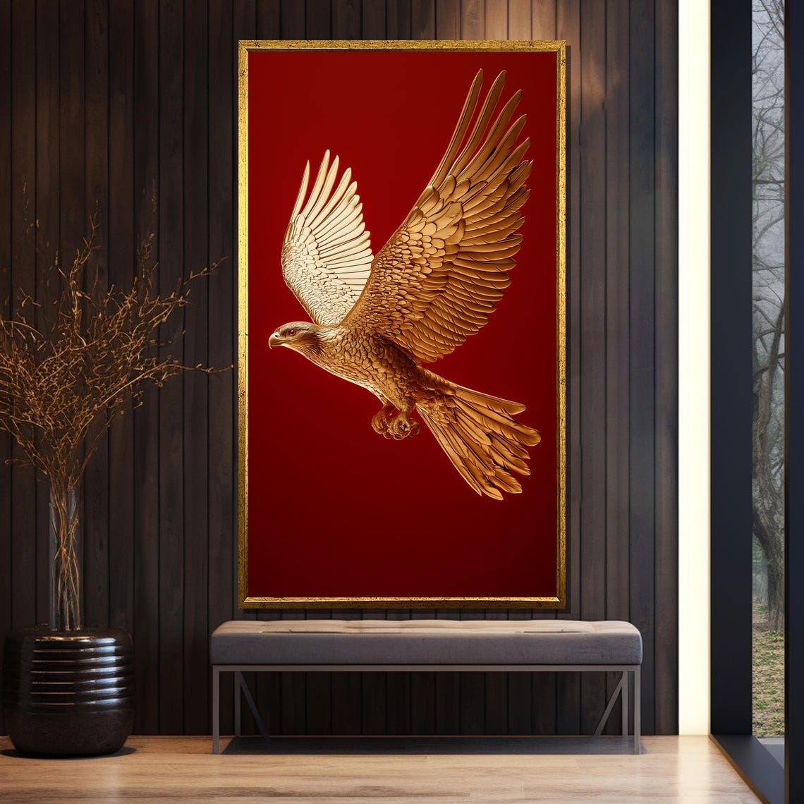 Golden Eagle Sculpture in Flight Against Deep Red Backdrop Poster - Image 5