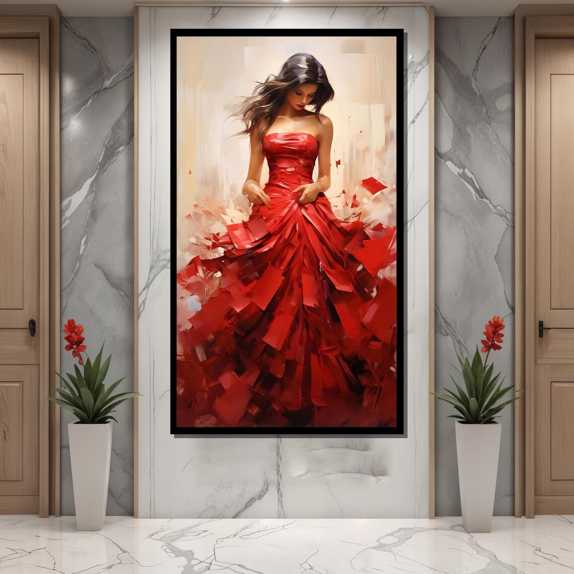 Elegant Lady in Flowing Red Dress Fashion Style Portrait Poster - Image 4