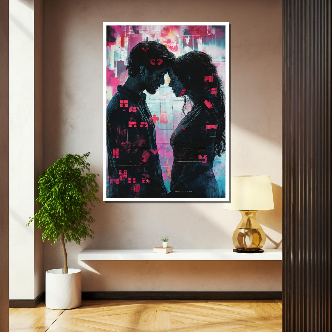 Abstract Lovers Face to Face with Pink Neon Grid Lines Poster - Image 2