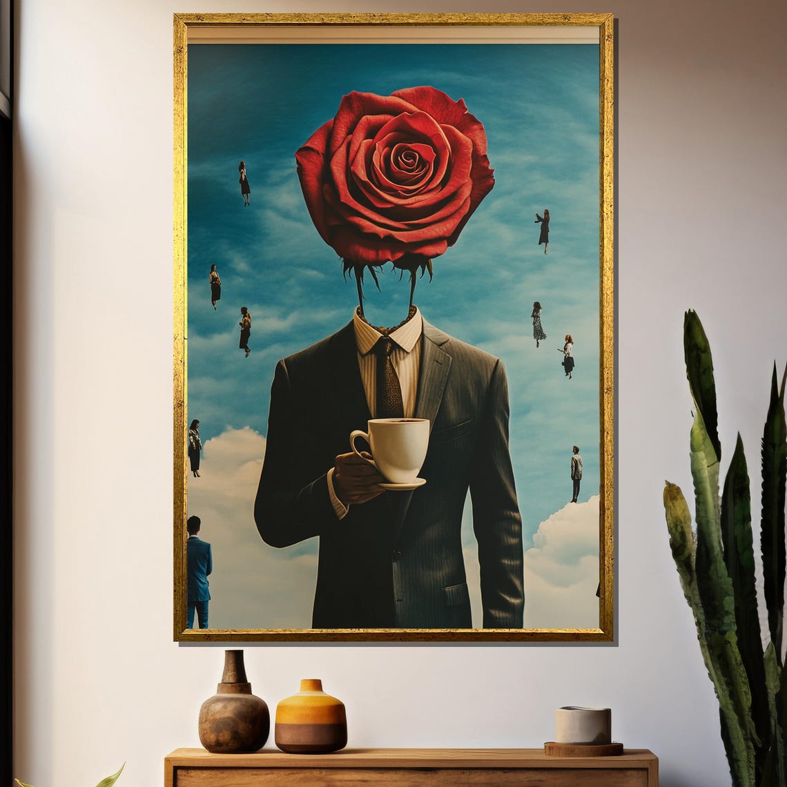 Surreal Rose Headed Businessman Holding a Coffee Cup Art Poster