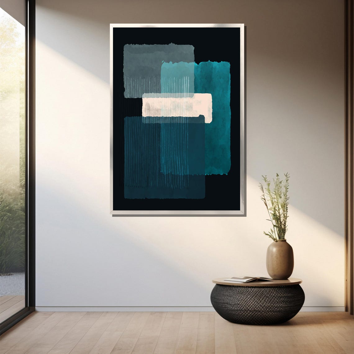 Modern Abstract Painting In Teal And Grey Tones Contemporary Geometric Design Art Gift For Stylish Home Decor - Image 3