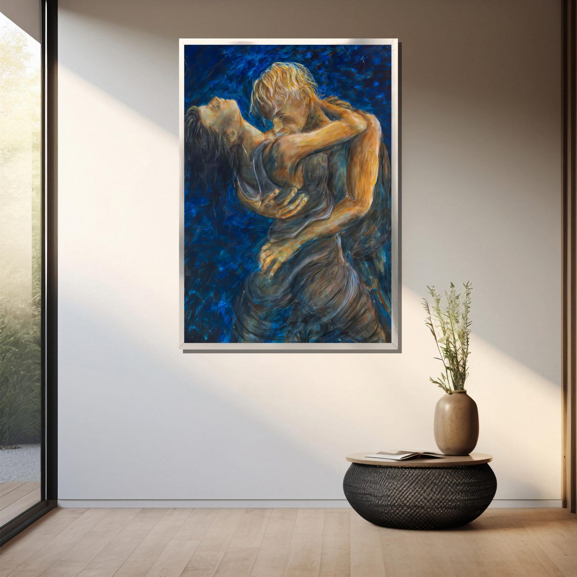 Passionate Embracing Couple Blue Expressive Romance Art Poster - Image 3