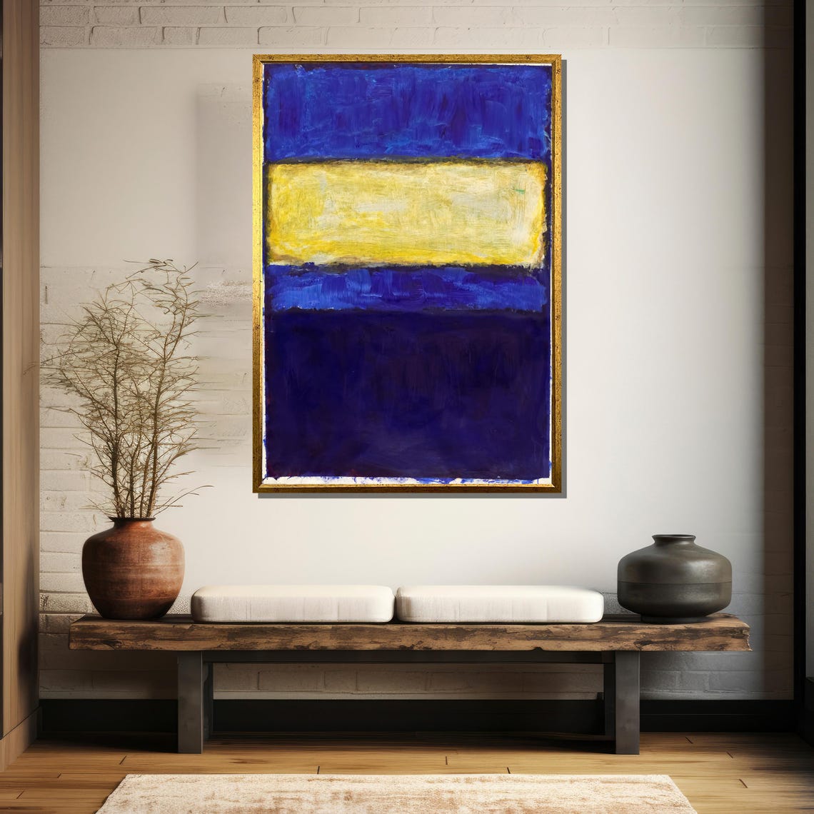 Deep Blue With Golden Yellow Band Modern Abstract Art Poster - Image 5