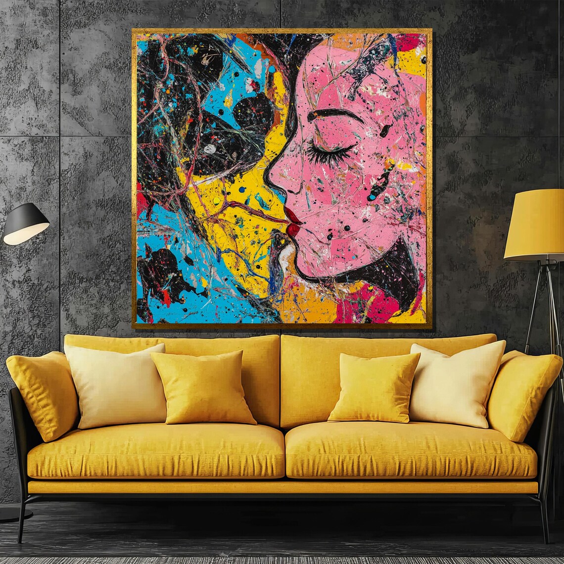 Vibrant Pop Art Abstract Kiss of Love in Bold Neon Colors Poster