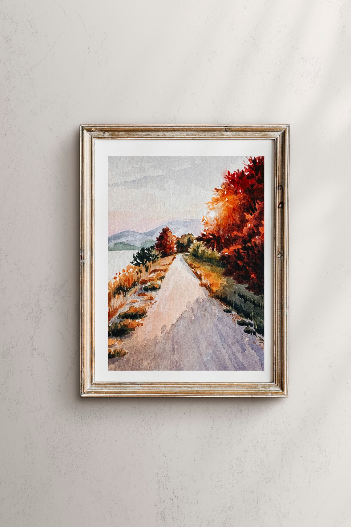 Fall Sunrise Watercolor Landscape, Autumn Art Print