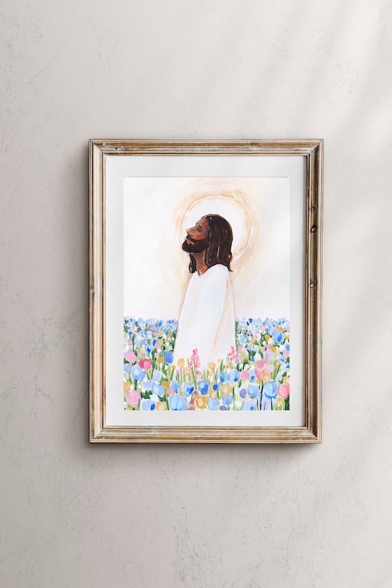 Jesus Christ in Flowers, Christian Religious Art Print