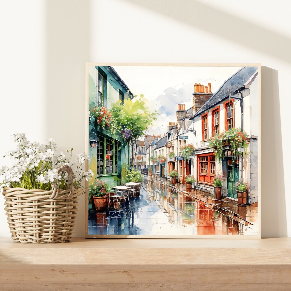 Westport Ireland Rainy Cobblestone Street Shops Watercolor Poster - Image 4