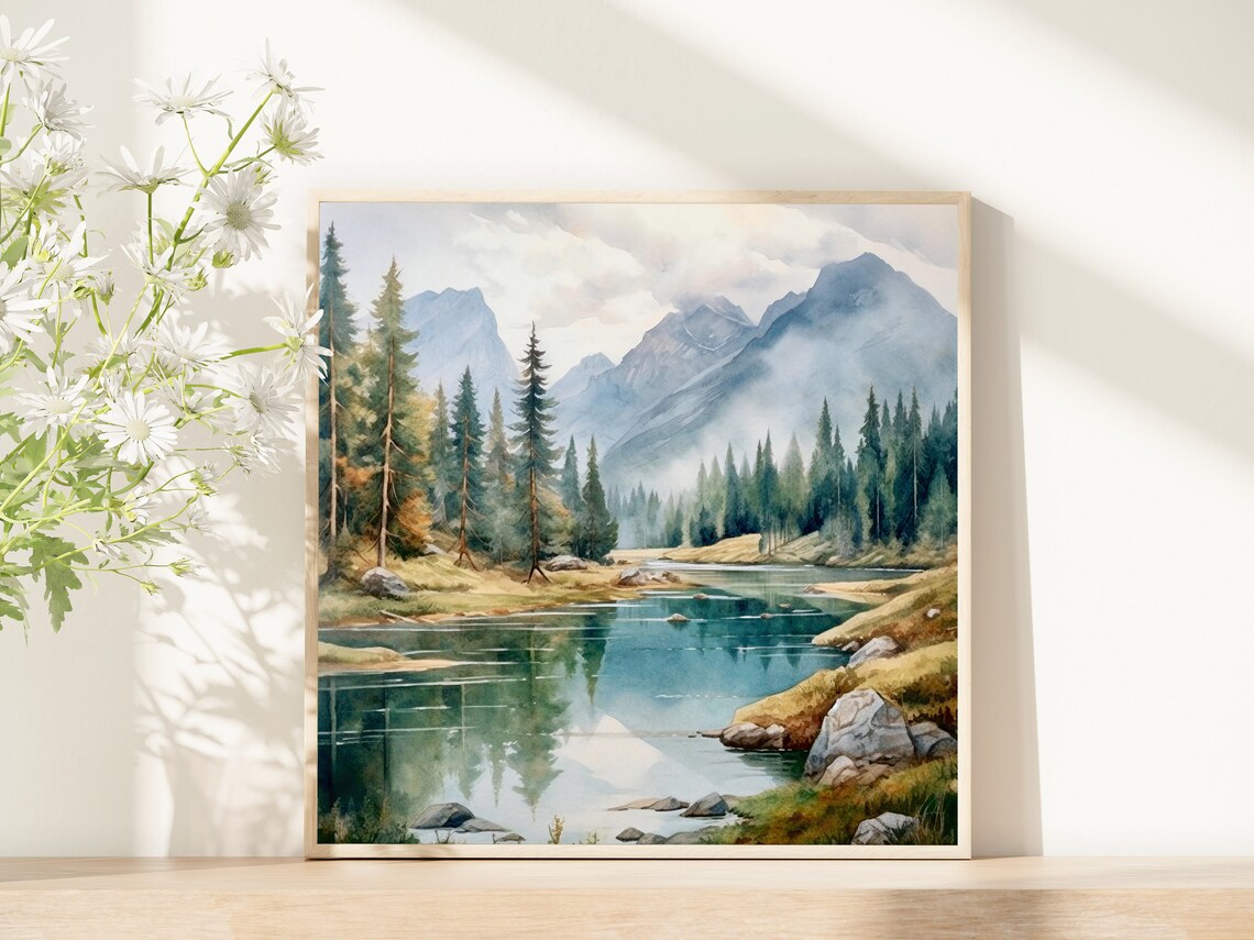 Calm Alpine Lake Reflections Evergreen Forest Misty Watercolor Poster - Image 5