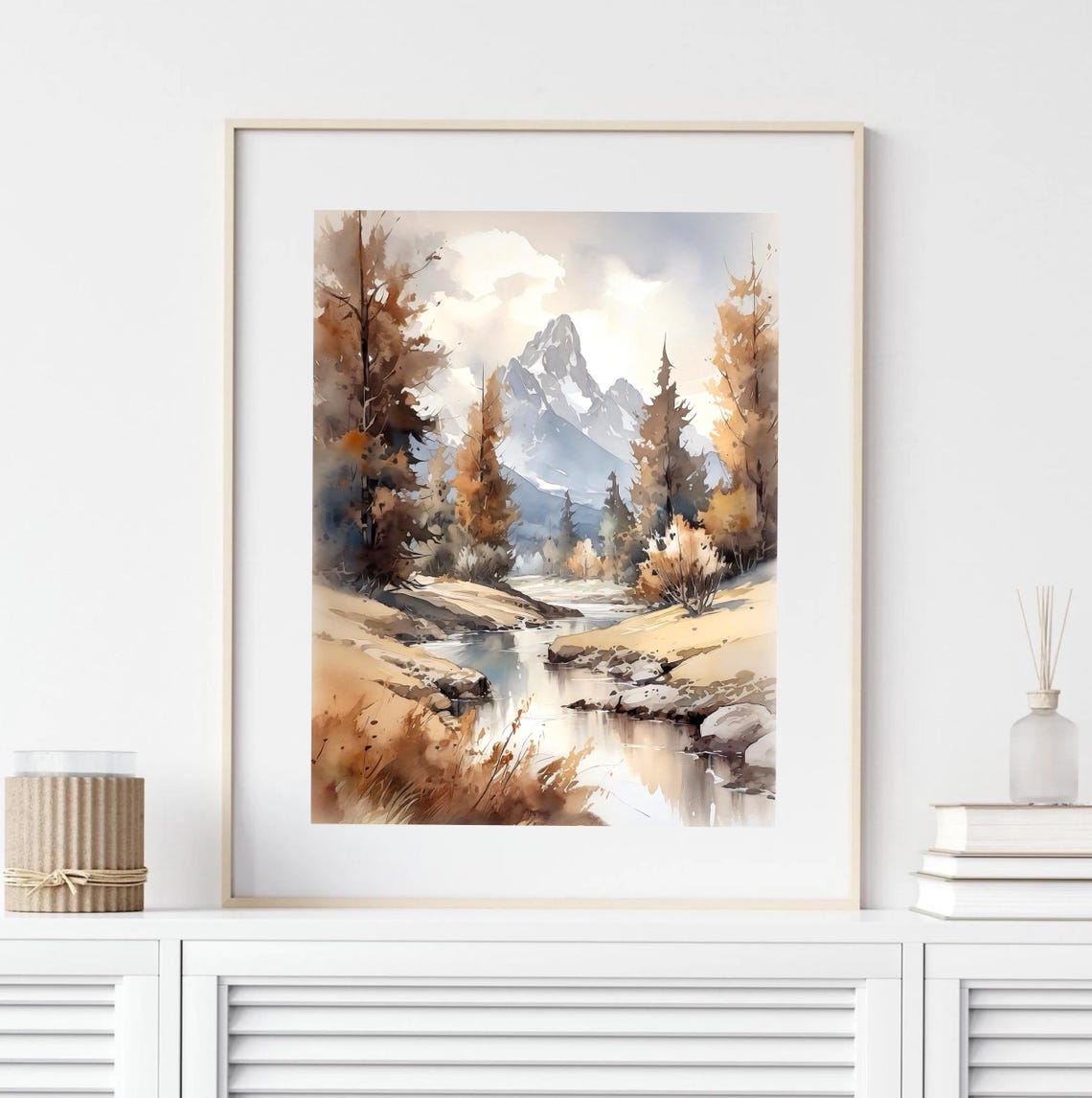 Autumn River Valley Golden Trees Snow Peak Watercolor Mountain Poster - Image 4