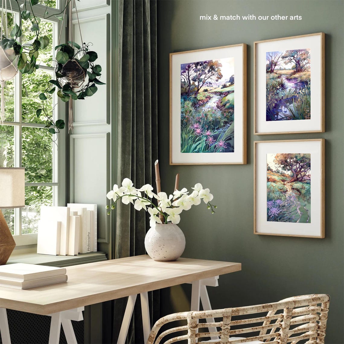 Purple Trees Creekside Trail Green Hills Watercolor Art Poster - Image 4